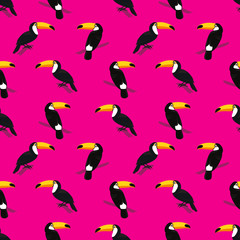 Seamless colorful summer pattern with hand drawn toucan birds on bright pink background. Tropical exotic vector illustration  © mejorana777