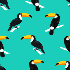 Seamless colorful summer pattern with hand drawn toucan birds on bright mint background. Tropical exotic vector illustration 