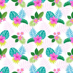 Fototapeten Exotic seamless colorful pattern with tropical jungle leaves and flowers of plumeria and hibiscus on white background. Floral modern pattern for textile, manufacturing etc. Vector illustration © mejorana777