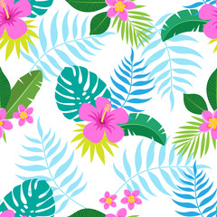 Exotic seamless colorful pattern with tropical jungle leaves and flowers of plumeria and hibiscus on white background. Floral modern pattern for textile, manufacturing etc. Vector illustration