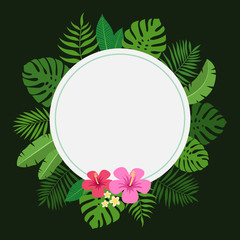 Design frame for your text with tropical exotic leaves and flowers of hibiscus and plumeria. Hawaiian style. Perfect for invitation, poster, banner etc. Vector illustration