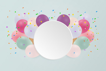 Happy birthday card with pastel colorful balloons. Vector illustration. copy space.