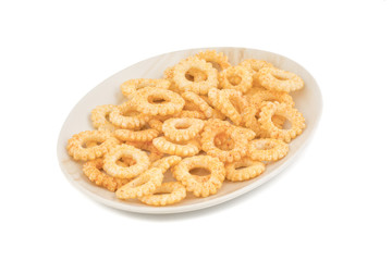 Yummy Round Shaped Yellow Snack Also Know as Round Ring Snack isolated on White Background