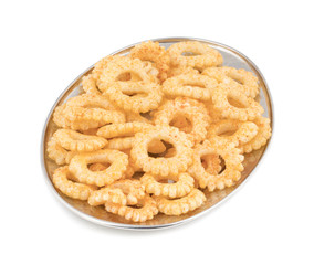 Yummy Round Shaped Yellow Snack Also Know as Round Ring Snack isolated on White Background
