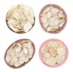 Indian Spicy Potato Chips Collection Also know as Aloo Papri, Aloo Papdi, Alu Papdi, Wafer and Aloo Chips isolated on White Background