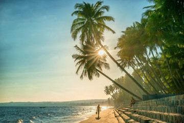 Mui Ne, Vietnam - April 21, 2018: The man alone go to end of tropical beach with coconut palm trees as sun gradually create beautiful setting for weekend guests at paradise beach in Mui Ne, Vietnam © huythoai
