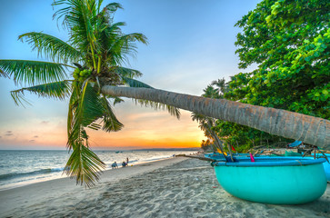 Mui Ne, Vietnam - April 21, 2018: Tourists frolicking on tropical beaches in afternoon sunset beside palm trees as creates beautiful setting for weekend guests at paradise beach in Mui Ne, Vietnam