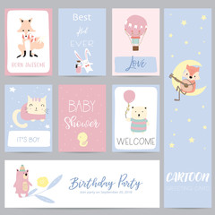 Fototapeta na wymiar Pink violet pastel greeting card with balloon, cat,bear,fox,monkey,moon,star and cloud