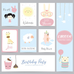 Fototapeta na wymiar Pink blue pastel greeting card with balloon,giraffe,girl,sheep,bear and dessert