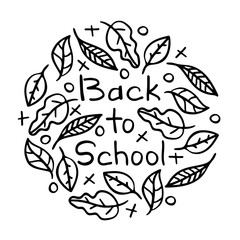 Hand-drawn lettering - Back to school, with leaves and tic-tac-toe. Black-and-white line art.