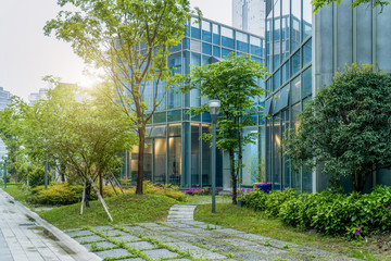 The modern buildings of the city skyscrapers.