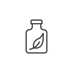 Medicine bottle with leaf inside outline icon. linear style sign for mobile concept and web design. Herbal medicine drug simple line vector icon. Symbol, logo illustration. Pixel perfect vector