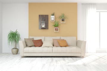 Idea of white minimalist room with sofa. Scandinavian interior design. 3D illustration