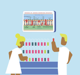 The doctor and nurse are studying a blood test in test tubes. The doctor is holding a test tube with a blood test. Medical vector illustration