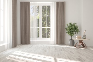 White empty room with table and summer landscape in window. Scandinavian interior design. 3D illustration
