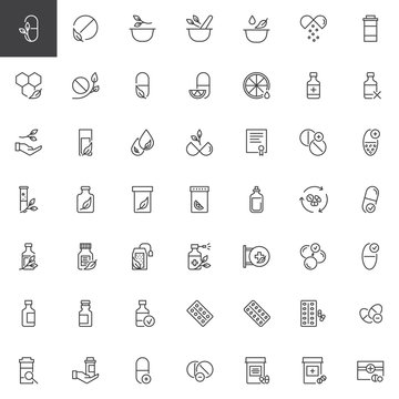 Medicaments outline icons set. linear style symbols collection, line signs pack. vector graphics. Set includes icons as pills, mortar, herbal, leaves, honeycomb, medicine, vitamin pharmacy medical