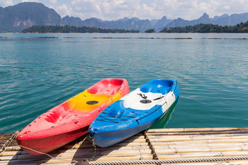 kayaking boat beside the lake ,among the island Khao Sok Thailand