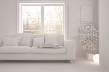 White room with sofa. Scandinavian interior design. 3D illustration