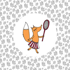 Little girl-fox plays badminton on the field