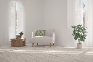 Inspiration of white minimalist room with armchair. Scandinavian interior design. 3D illustration