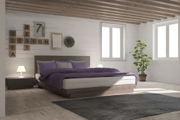 Idea of white minimalist bedroom. Scandinavian interior design. 3D illustration