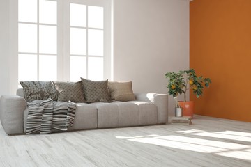 Idea of orange minimalist room with sofa. Scandinavian interior design. 3D illustration