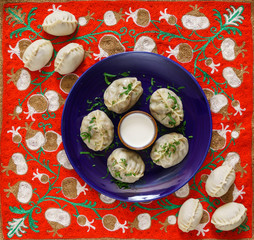 Dumplings, Manti - traditional meat dish of Central Asia, Turkey, Mongolia, Korea.