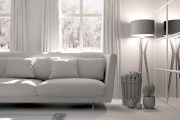 White room with sofa and winter landscape in window. Scandinavian interior design. 3D illustration