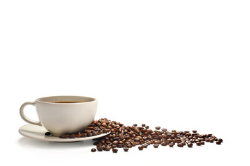 Cup of coffee and coffee beans isolated on white background