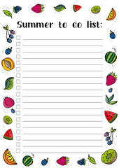 Summer to do list, different fruit printable page a4. 