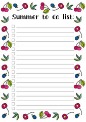 Summer to do list, cherries and blueberry with leaves,  printable page a4. 