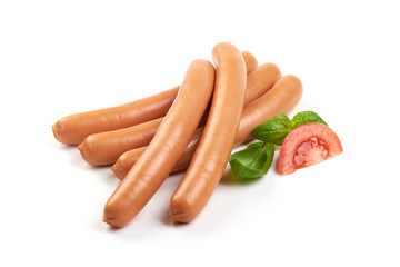 Wiener fresh boiled sausages with herbs on the white background
