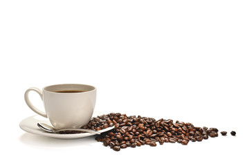  Cup of coffee and coffee beans isolated on white background