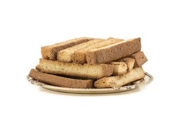 Indian Bakery Food Tea Time Sweet Dry Toast Snack Also Know As Indian Toast Snack, Toasted, Bread, Long Toast, Mawa Toast isolated on White Background