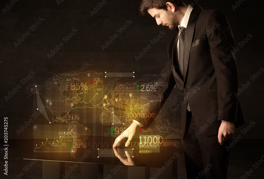 Poster Hands navigate on high tech smart table with business icons and symbols
