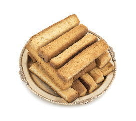 Indian Bakery Food Tea Time Sweet Dry Toast Snack Also Know As Indian Toast Snack, Toasted, Bread, Long Toast, Mawa Toast isolated on White Background