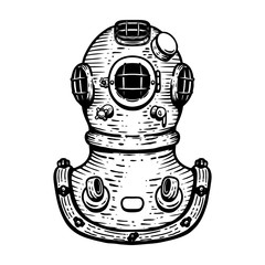 Hand drawn retro style diver helmet illustration on white background. Design elements for logo, label, emblem, sign, badge.