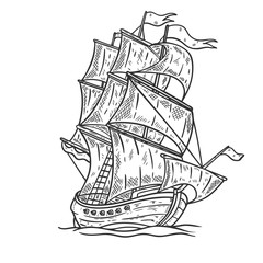 Hand drawn sea ship illustration on white background. Design element for poster, card, t shirt, emblem.