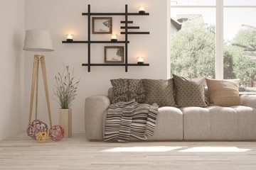 Idea of white room with sofa and summer landscape in window. Scandinavian interior design. 3D illustration