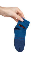 Cotton kid socks with hand, isolated on white background