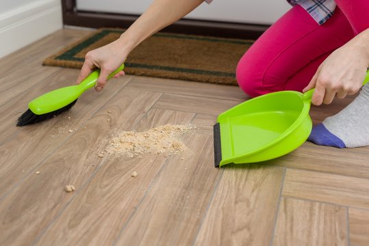 Woman Cleaning Floor With Broom And Dust Pan