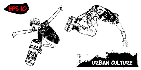 Illustration with representatives of Urban Culture. Roller and skater in a jump isolated on white background. Extreme theme modern print.