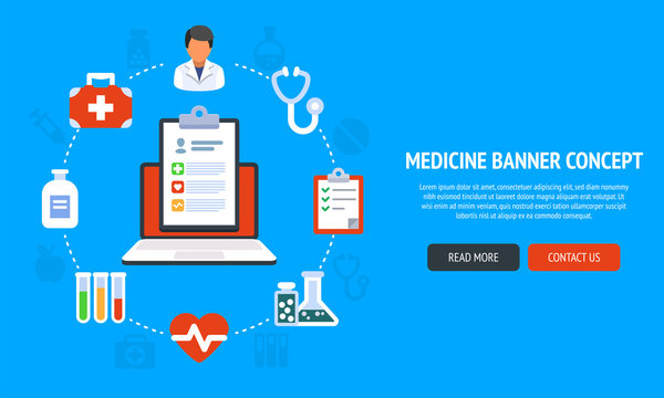 Flat Color Banner Design Concept for Medicine and Healthcare and Online Treatment.