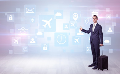 Businessman departs to a business trip with social media and travel symbol concept
