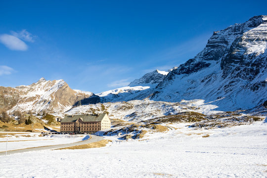 The famous Alps pass Simplonpass with the hinstoric hospice - Simplon Hospiz, which was to ensure the safety of travellers crossing the alps from Switzerland to Italy.