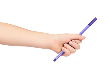 Kid hand hold color felt pen with hand, isolated on white background