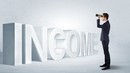 Handsome businessman looking forward with binoculars at a job, income and money concept
