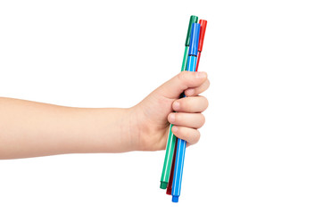 Kid hand hold color felt pen with hand, isolated on white background