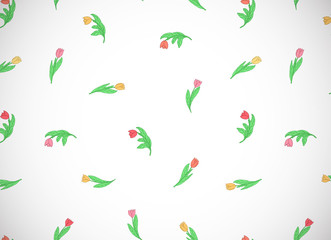 Fototapeta na wymiar Horizontal card with small cartoon colored flowers, tulips on white background.