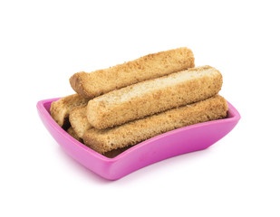 Indian Bakery Food Tea Time Sweet Dry Toast Snack Also Know As Indian Toast Snack, Toasted, Bread, Long Toast, Mawa Toast isolated on White Background